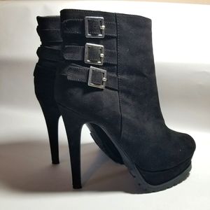 Black Faux Suede Buckled Booties
